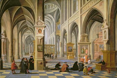 Interior de iglesia, con personas rezando en primer plano y una pequeña procesión en el pasillo principal de Bartolomeus van Bassen